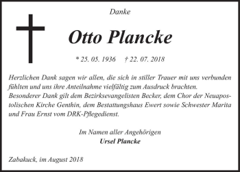 Traueranzeige von Otto Plancke  von Magdeburger Volksstimme