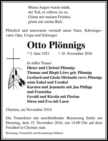 Traueranzeige von Otto Plönnigs  von Magdeburger Volksstimme