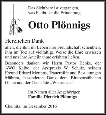 Traueranzeige von Otto Plönnigs  von Magdeburger Volksstimme