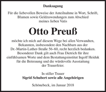 Traueranzeige von Otto Preuß  von Magdeburger Volksstimme