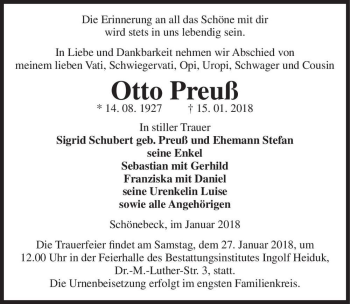Traueranzeige von Otto Preuß  von Magdeburger Volksstimme