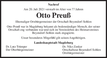 Traueranzeige von Otto Preuß  von Magdeburger Volksstimme