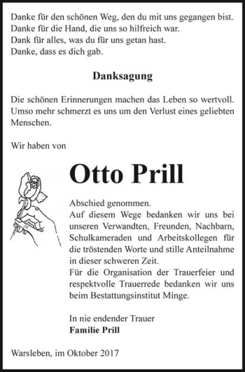 Traueranzeige von Otto Prill  von Magdeburger Volksstimme