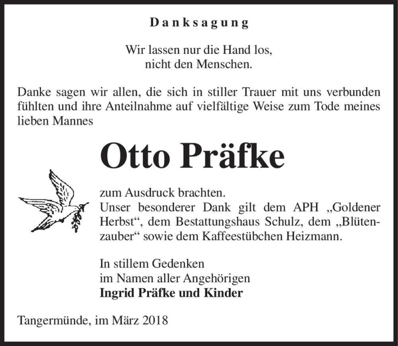  Traueranzeige für Otto Präfke  vom 24.03.2018 aus Magdeburger Volksstimme