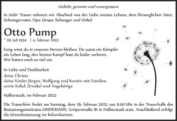 Traueranzeige von Otto Pump  von Magdeburger Volksstimme