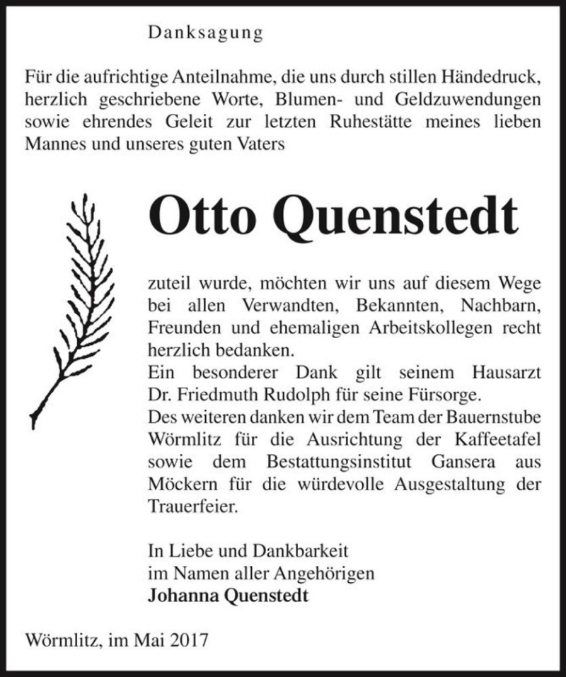  Traueranzeige für Otto Quenstedt  vom 06.05.2017 aus Magdeburger Volksstimme