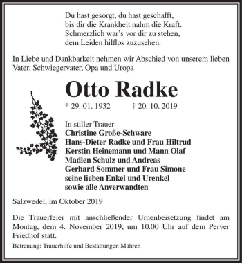 Traueranzeige von Otto Radke  von Magdeburger Volksstimme