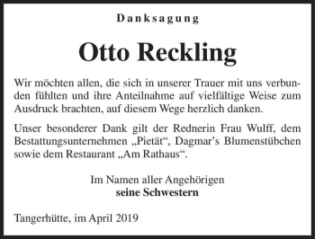Traueranzeige von Otto Reckling  von Magdeburger Volksstimme