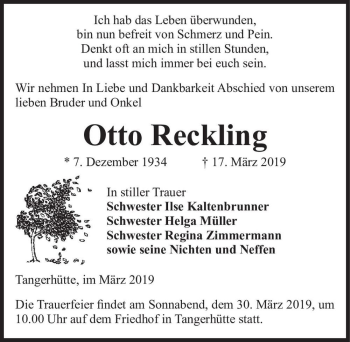 Traueranzeige von Otto Reckling  von Magdeburger Volksstimme