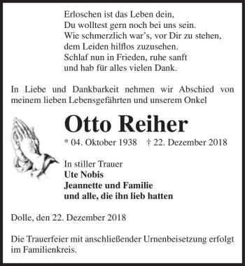 Traueranzeige von Otto Reiher  von Magdeburger Volksstimme