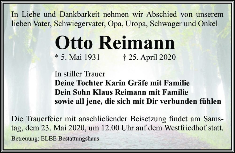  Traueranzeige für Otto Reimann  vom 16.05.2020 aus Magdeburger Volksstimme