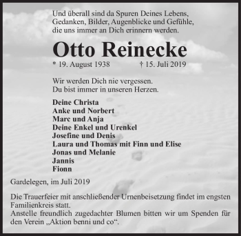 Traueranzeige von Otto Reinecke  von Magdeburger Volksstimme