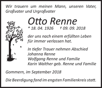 Traueranzeige von Otto Renne  von Magdeburger Volksstimme