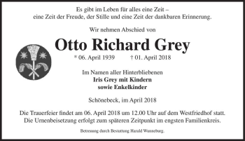 Traueranzeige von Otto Richard Grey  von Magdeburger Volksstimme