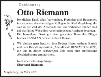 Traueranzeige von Otto Riemann  von Magdeburger Volksstimme