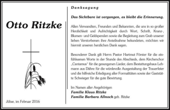 Traueranzeige von Otto Ritzke  von Magdeburger Volksstimme