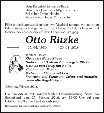 Traueranzeige von Otto Ritzke  von Magdeburger Volksstimme