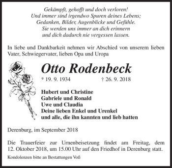 Traueranzeige von Otto Rodenbeck  von Magdeburger Volksstimme