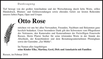 Traueranzeige von Otto Rose  von Magdeburger Volksstimme