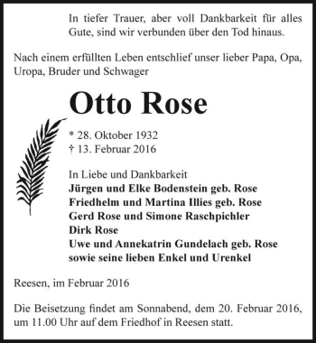 Traueranzeige von Otto Rose  von Magdeburger Volksstimme