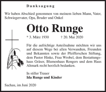 Traueranzeige von Otto Runge  von Magdeburger Volksstimme