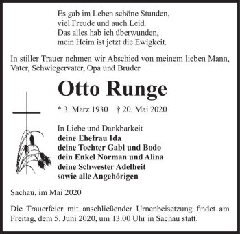 Traueranzeige von Otto Runge  von Magdeburger Volksstimme