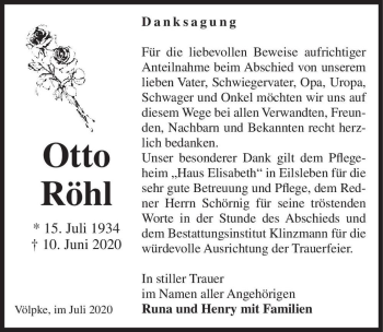 Traueranzeige von Otto Röhl  von Magdeburger Volksstimme