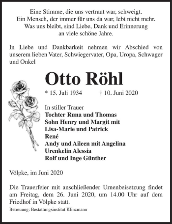 Traueranzeige von Otto Röhl  von Magdeburger Volksstimme