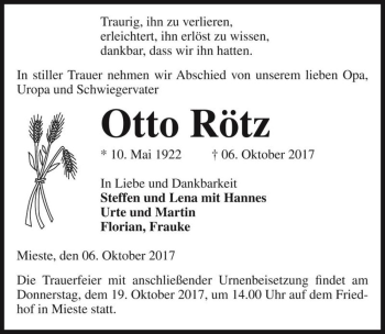 Traueranzeige von Otto Rötz  von Magdeburger Volksstimme