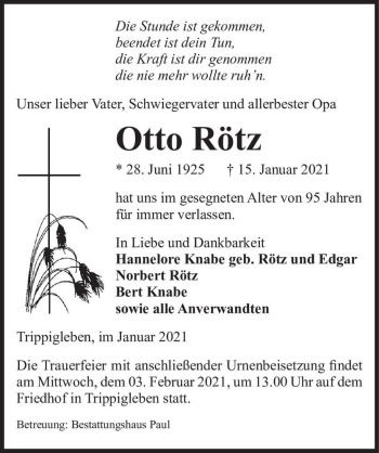 Traueranzeige von Otto Rötz  von Magdeburger Volksstimme
