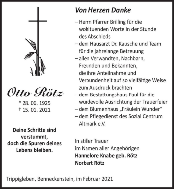 Traueranzeige von Otto Rötz  von Magdeburger Volksstimme