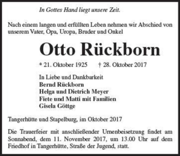 Traueranzeige von Otto Rückborn  von Magdeburger Volksstimme
