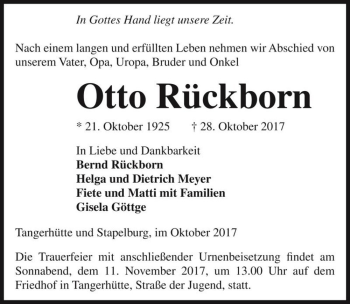 Traueranzeige von Otto Rückborn  von Magdeburger Volksstimme