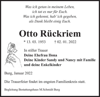 Traueranzeige von Otto Rückriem  von Magdeburger Volksstimme