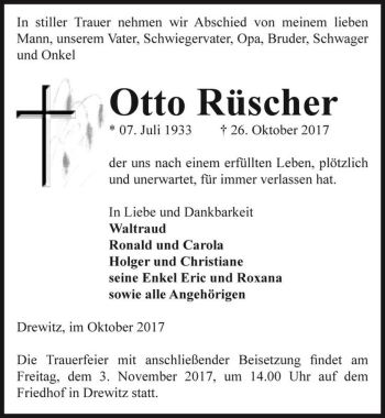 Traueranzeige von Otto Rüscher  von Magdeburger Volksstimme