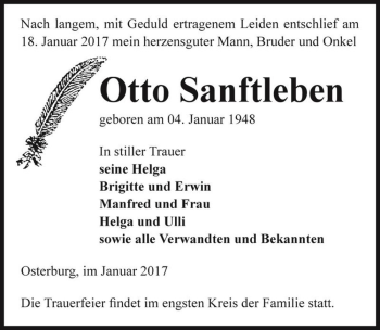 Traueranzeige von Otto Sanftleben  von Magdeburger Volksstimme