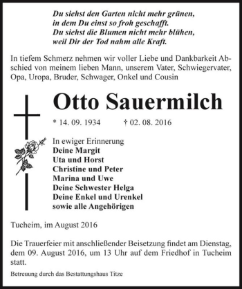Traueranzeige von Otto Sauermilch  von Magdeburger Volksstimme