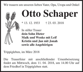 Traueranzeige von Otto Schaper  von Magdeburger Volksstimme