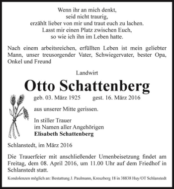 Traueranzeige von Otto Schattenberg  von Magdeburger Volksstimme