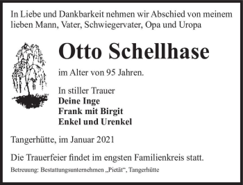 Traueranzeige von Otto Schellhase  von Magdeburger Volksstimme