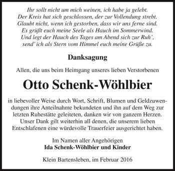 Traueranzeige von Otto Schenk-Wöhlbier  von Magdeburger Volksstimme