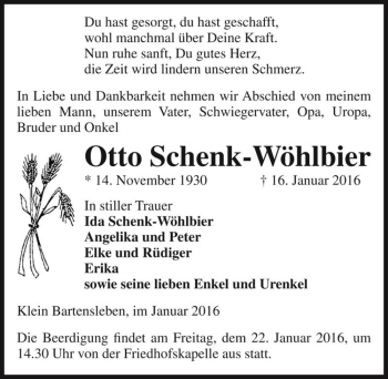 Traueranzeige von Otto Schenk-Wöhlbier  von Magdeburger Volksstimme
