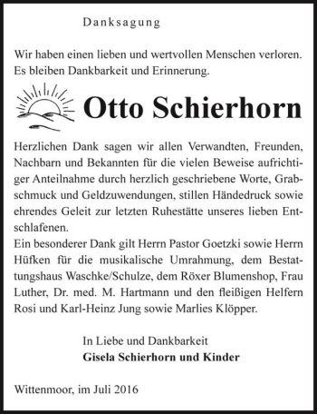 Traueranzeige von Otto Schierhorn  von Magdeburger Volksstimme