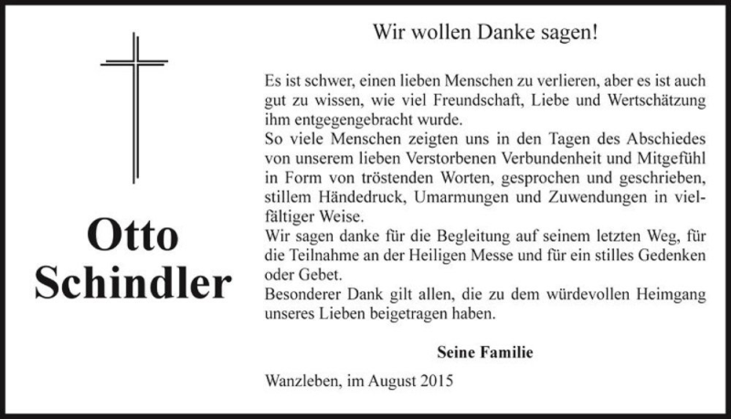  Traueranzeige für Otto Schindler  vom 02.09.2015 aus Magdeburger Volksstimme