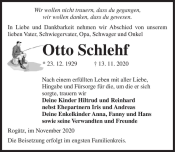Traueranzeige von Otto Schlehf  von Magdeburger Volksstimme