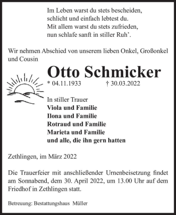 Traueranzeige von Otto Schmicker  von Magdeburger Volksstimme