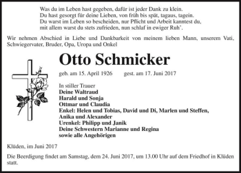 Traueranzeige von Otto Schmicker  von Magdeburger Volksstimme