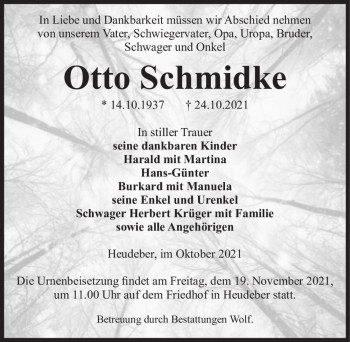 Traueranzeige von Otto Schmidke  von Magdeburger Volksstimme