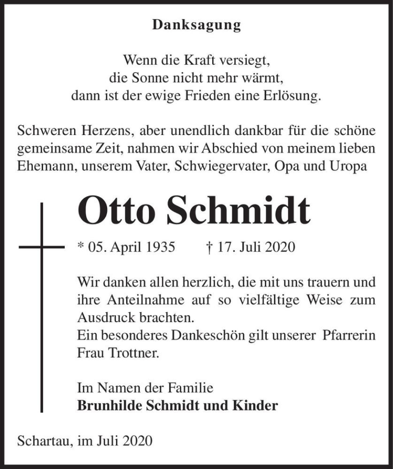  Traueranzeige für Otto Schmidt  vom 01.08.2020 aus Magdeburger Volksstimme