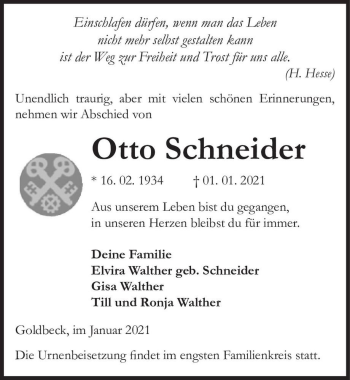 Traueranzeige von Otto Schneider  von Magdeburger Volksstimme